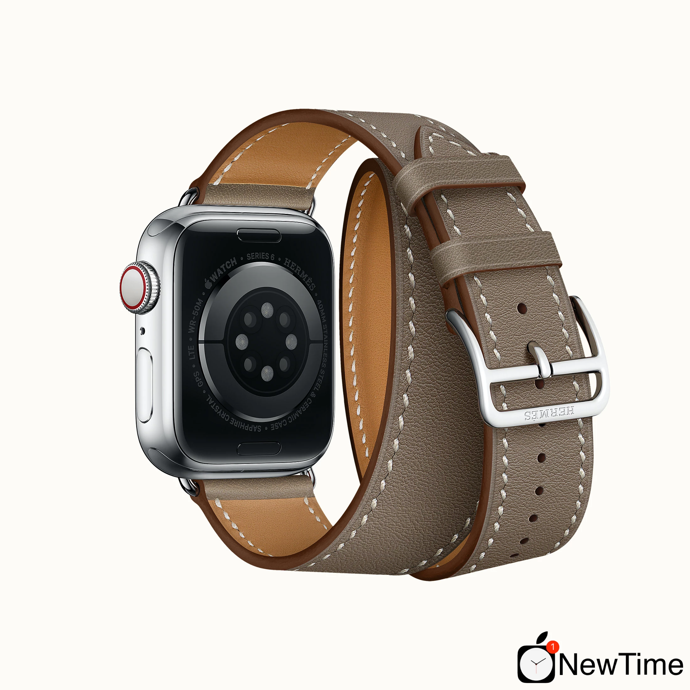 Apple Watch Hermes Series 6 GPS Cellular 40mm Silver Stainless Steel Case with Etoupe Swift Leather Double Tour MG3K3 H074200CJ18 NewTime